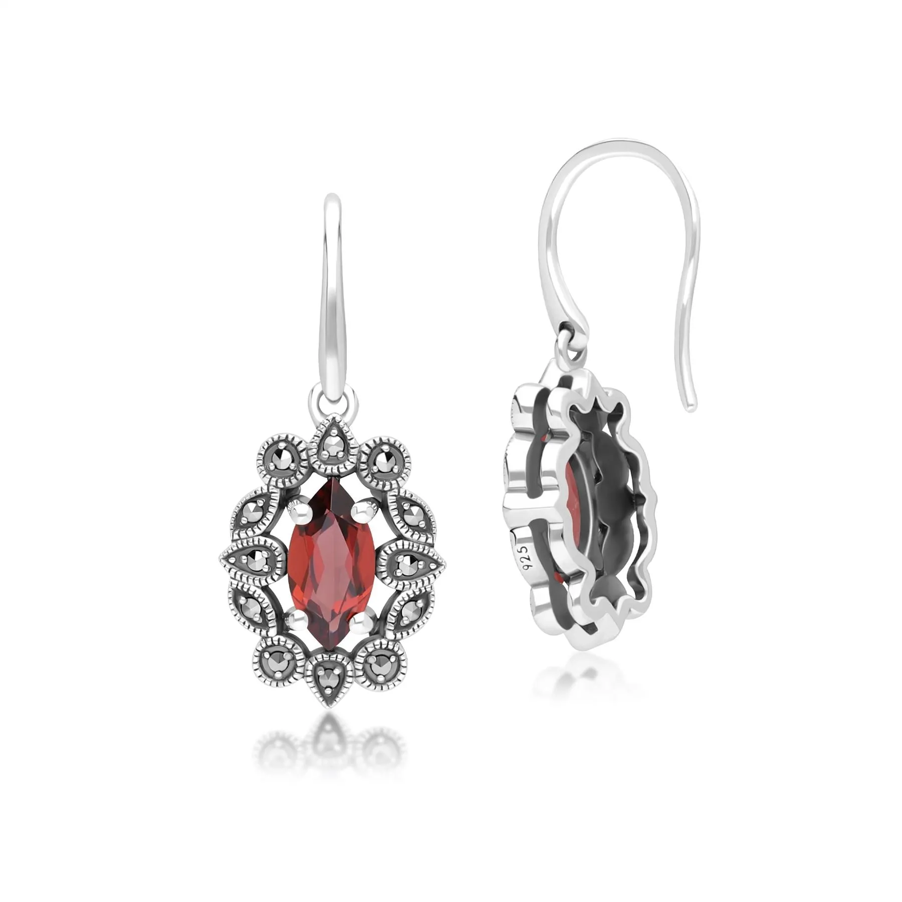 Art Deco Style Marquise Garnet & Marcasite Drop Earrings in Sterling Silver sold by Gemondo Jewellery product image thumbnail 3