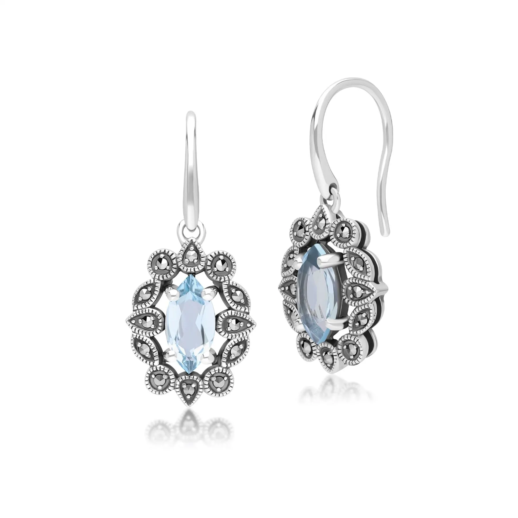 Art Deco Style Marquise Blue Topaz & Marcasite Drop Earrings in Sterling Silver sold by Gemondo Jewellery