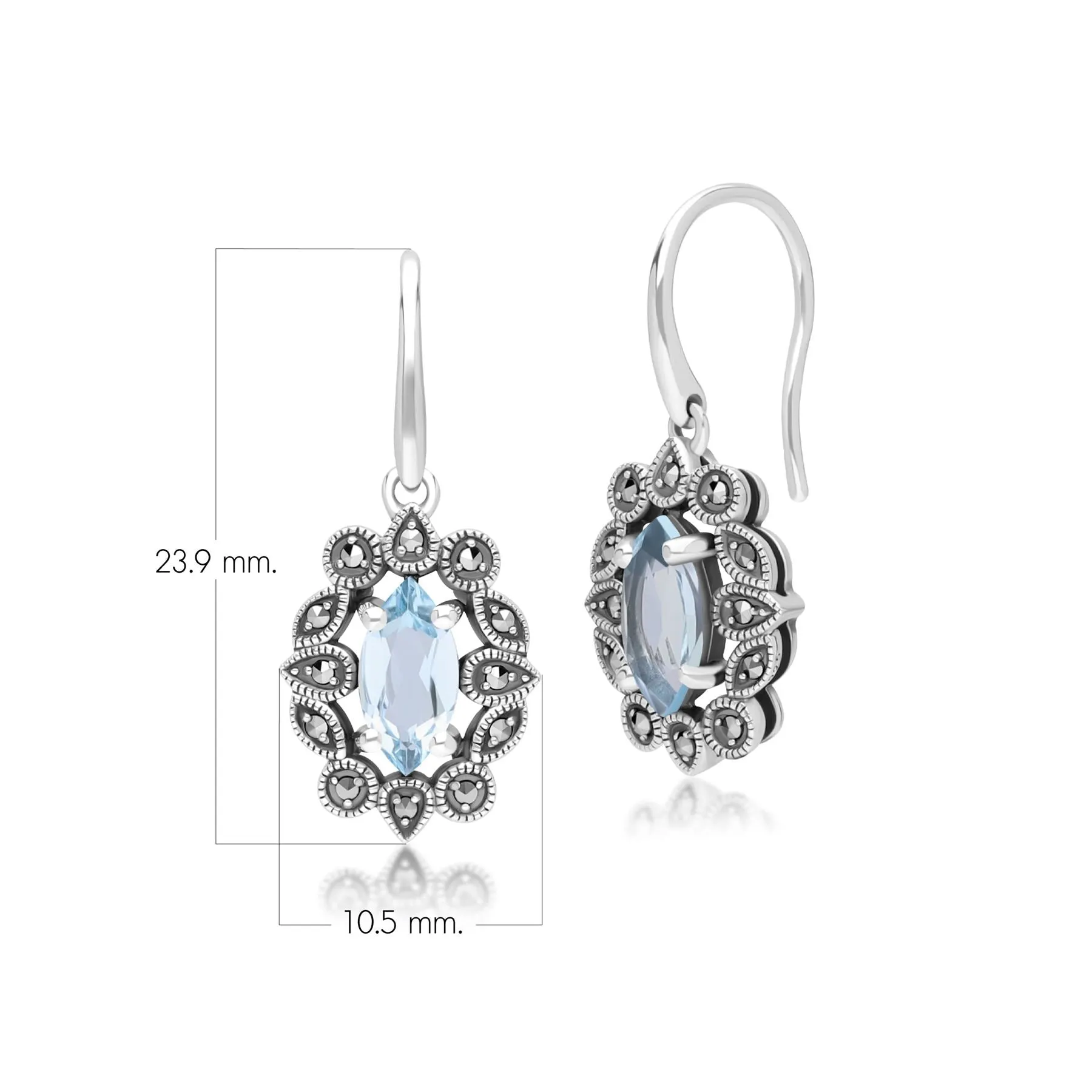 Art Deco Style Marquise Blue Topaz & Marcasite Drop Earrings in Sterling Silver sold by Gemondo Jewellery product image thumbnail 4