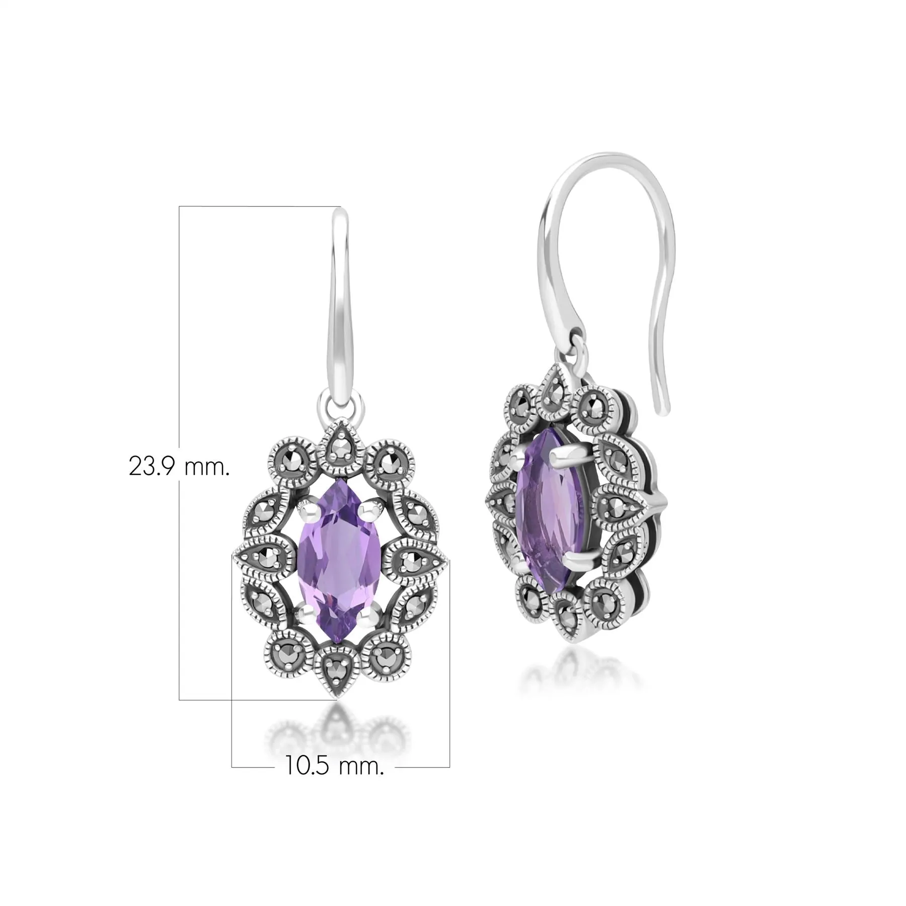 Art Deco Style Marquise Amethyst & Marcasite Drop Earrings in Sterling Silver sold by Gemondo Jewellery product image thumbnail 4