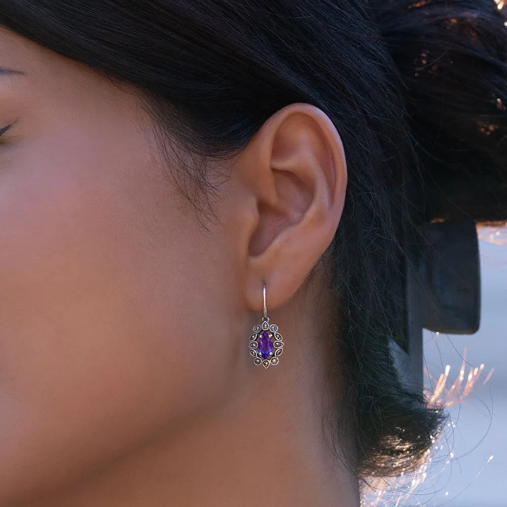 Art Deco Style Marquise Amethyst & Marcasite Drop Earrings in Sterling Silver sold by Gemondo Jewellery product image thumbnail 2