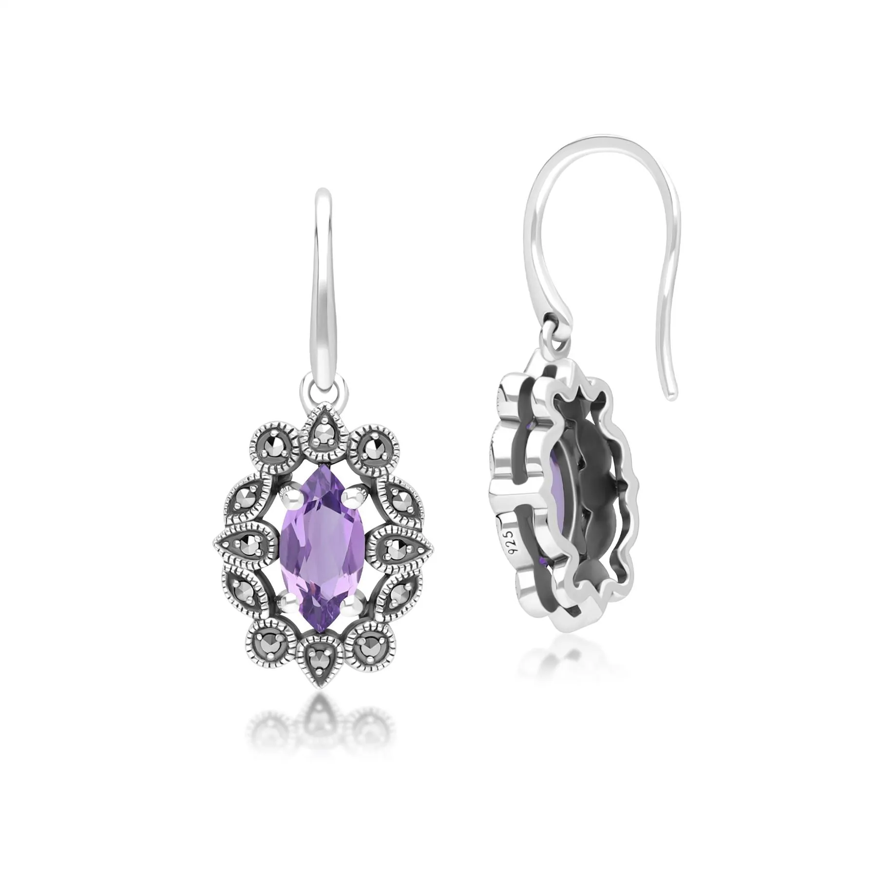 Art Deco Style Marquise Amethyst & Marcasite Drop Earrings in Sterling Silver sold by Gemondo Jewellery product image thumbnail 3