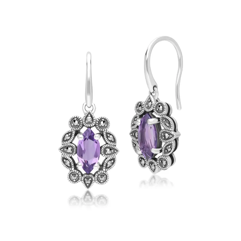 Art Deco Style Marquise Amethyst & Marcasite Drop Earrings in Sterling Silver sold by Gemondo Jewellery