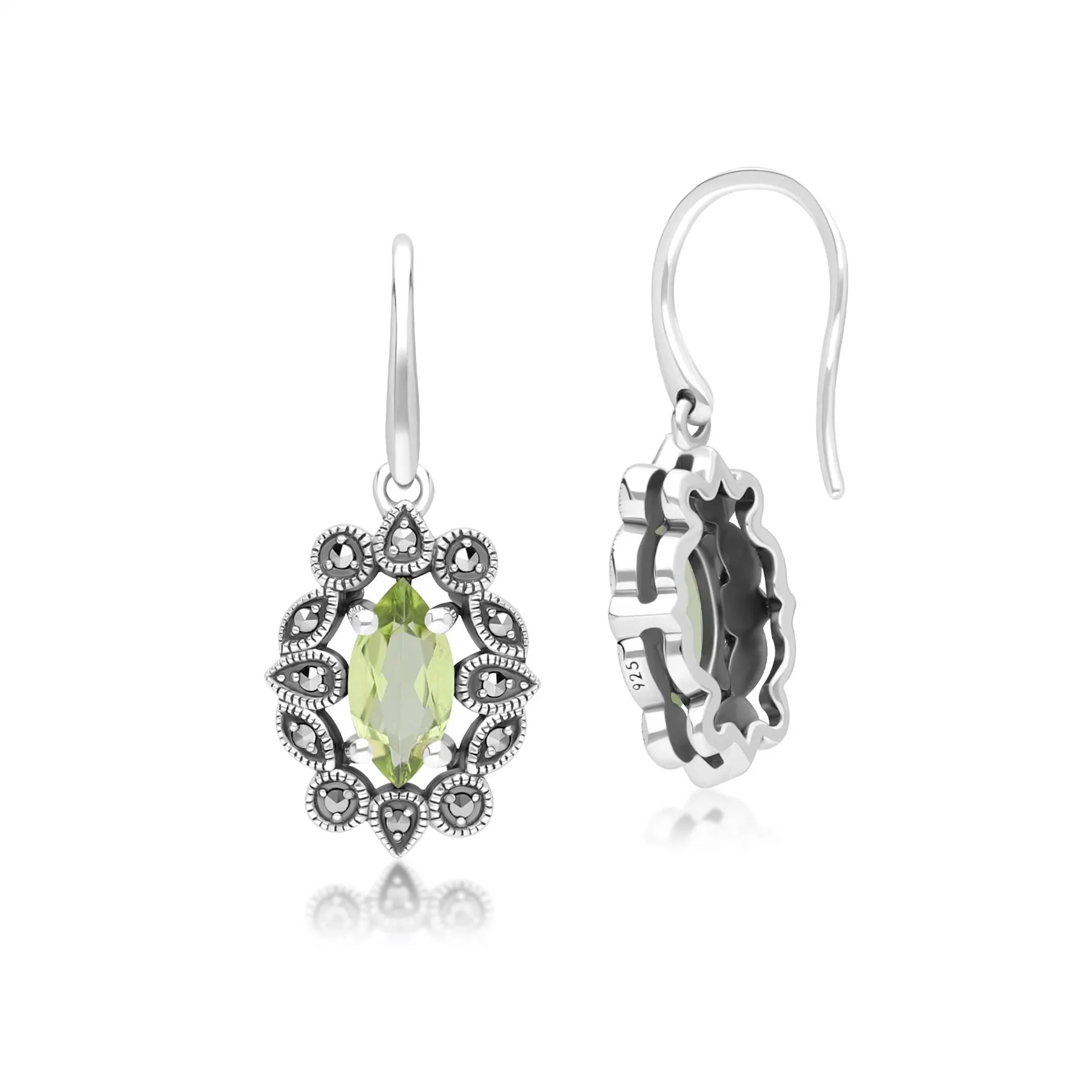 Art Deco Style Marquise Peridot & Marcasite Drop Earrings in Sterling Silver sold by Gemondo Jewellery product image thumbnail 3