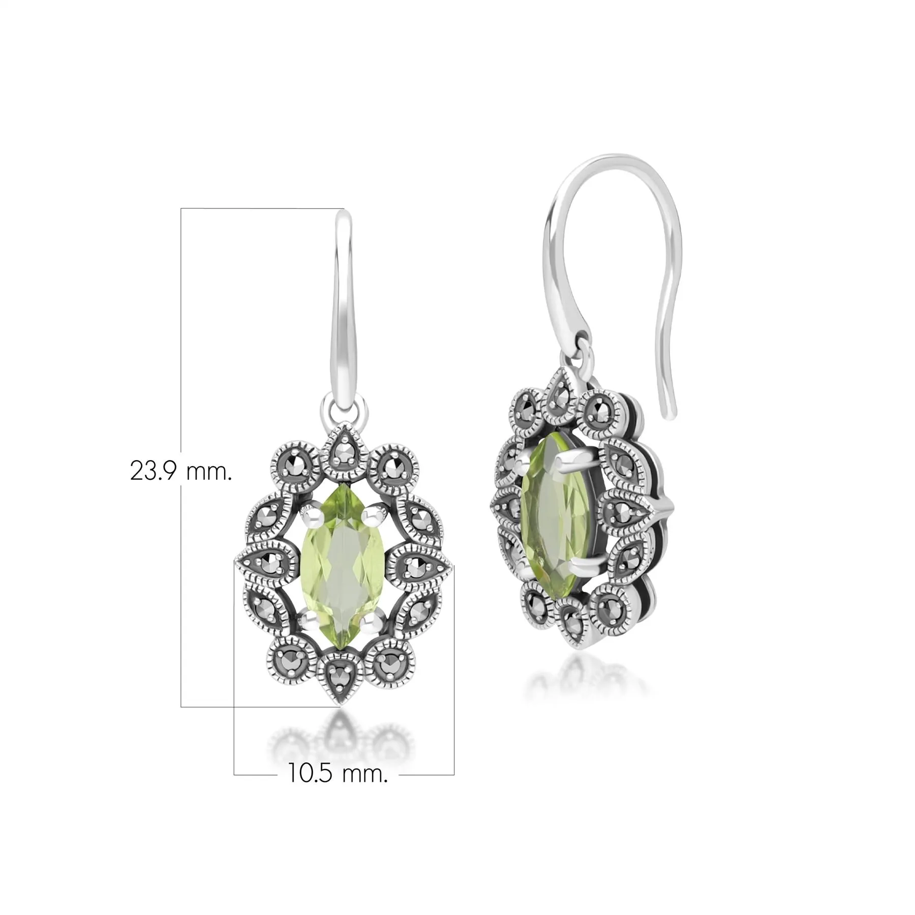 Art Deco Style Marquise Peridot & Marcasite Drop Earrings in Sterling Silver sold by Gemondo Jewellery product image thumbnail 4