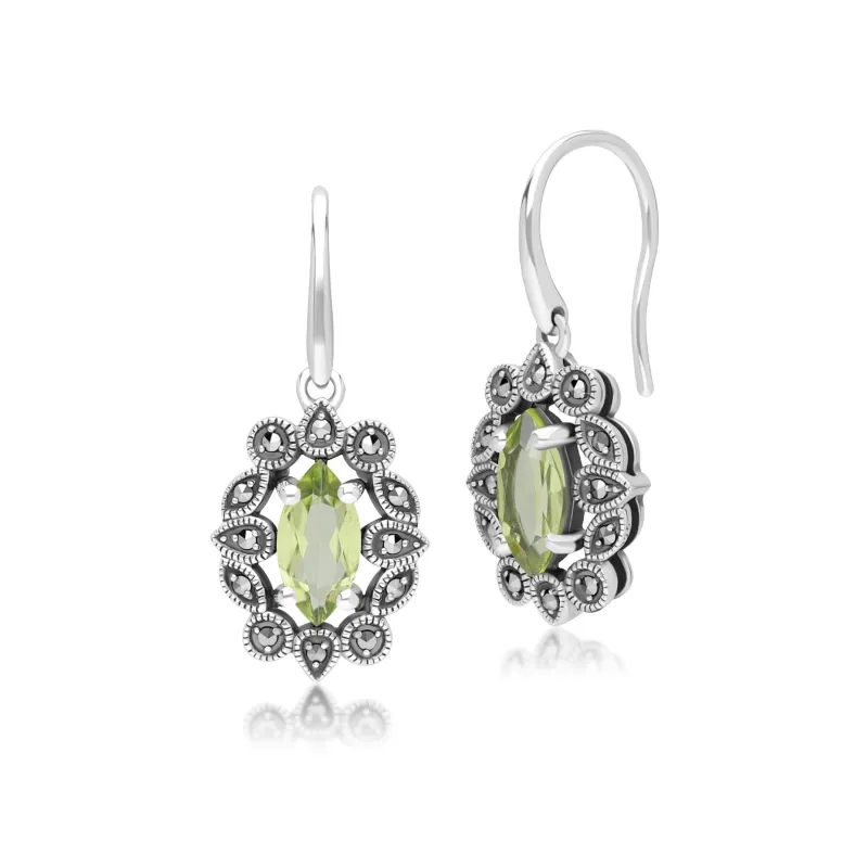 Art Deco Style Marquise Peridot & Marcasite Drop Earrings in Sterling Silver sold by Gemondo Jewellery