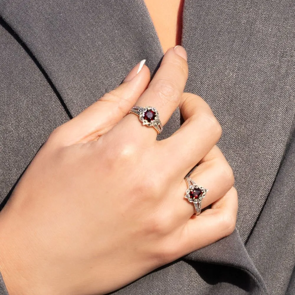 Art Deco Style Cushion Garnet & Marcasite Ring in Sterling Silver sold by Gemondo Jewellery product image thumbnail 2