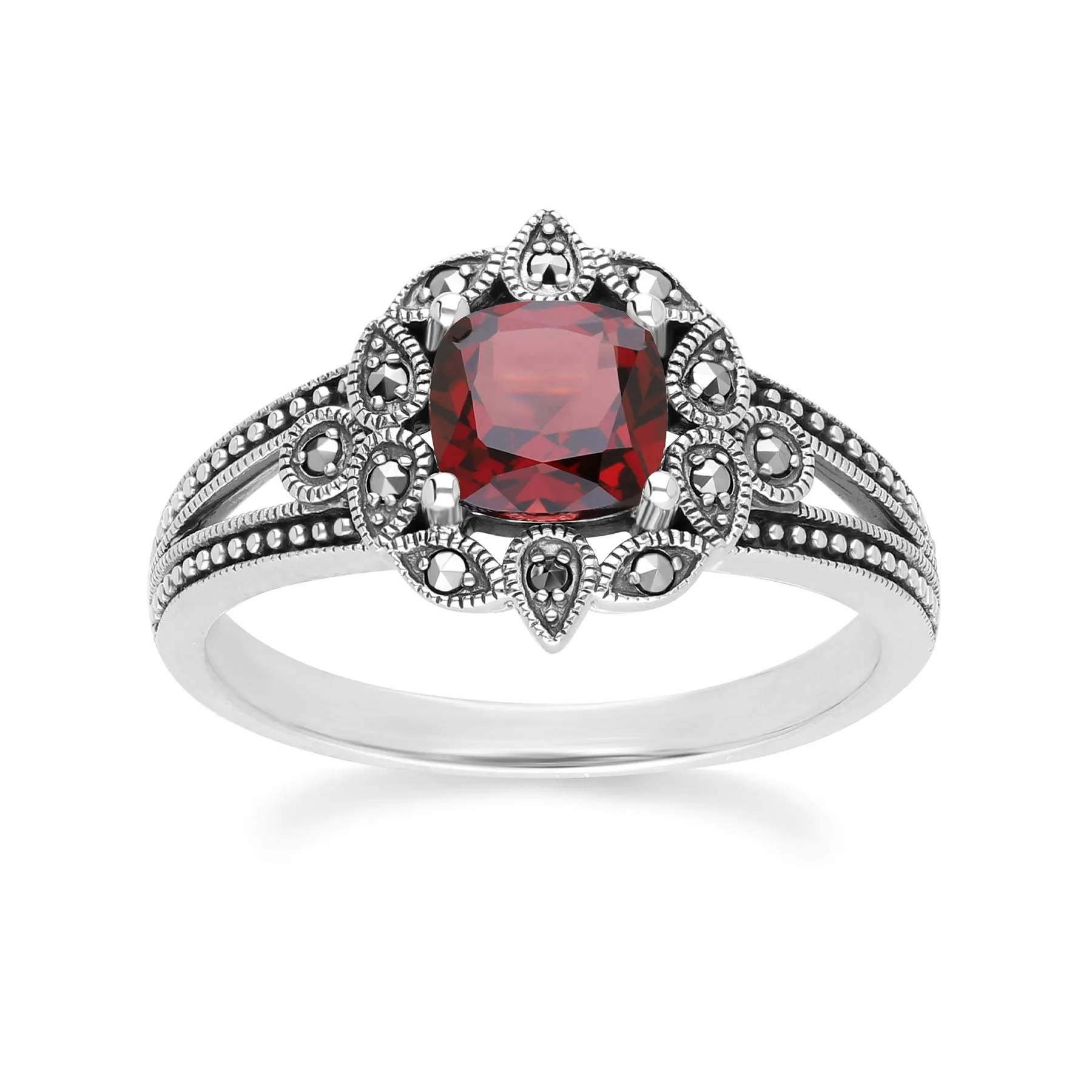 Art Deco Style Cushion Garnet & Marcasite Ring in Sterling Silver sold by Gemondo Jewellery