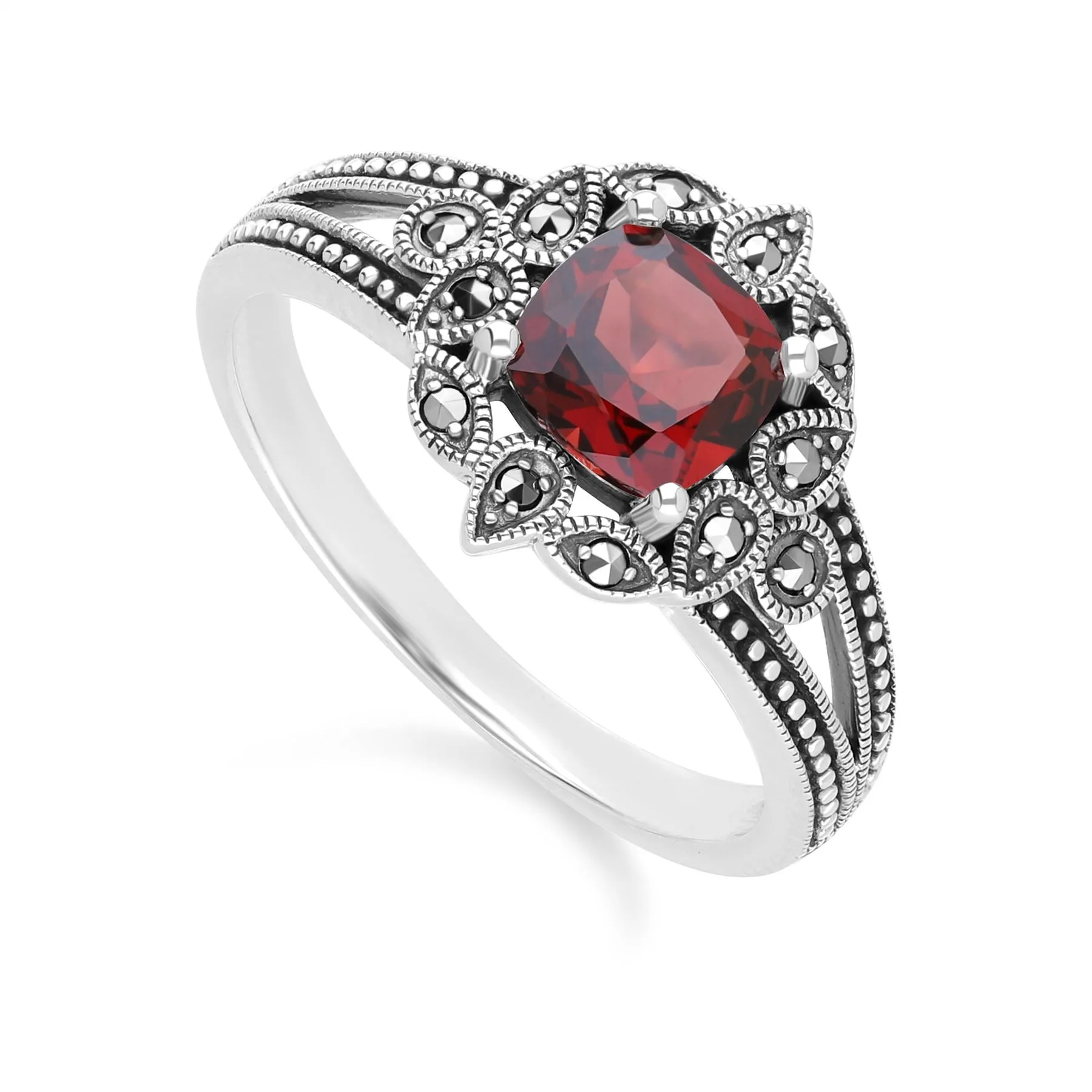 Art Deco Style Cushion Garnet & Marcasite Ring in Sterling Silver sold by Gemondo Jewellery product image thumbnail 3