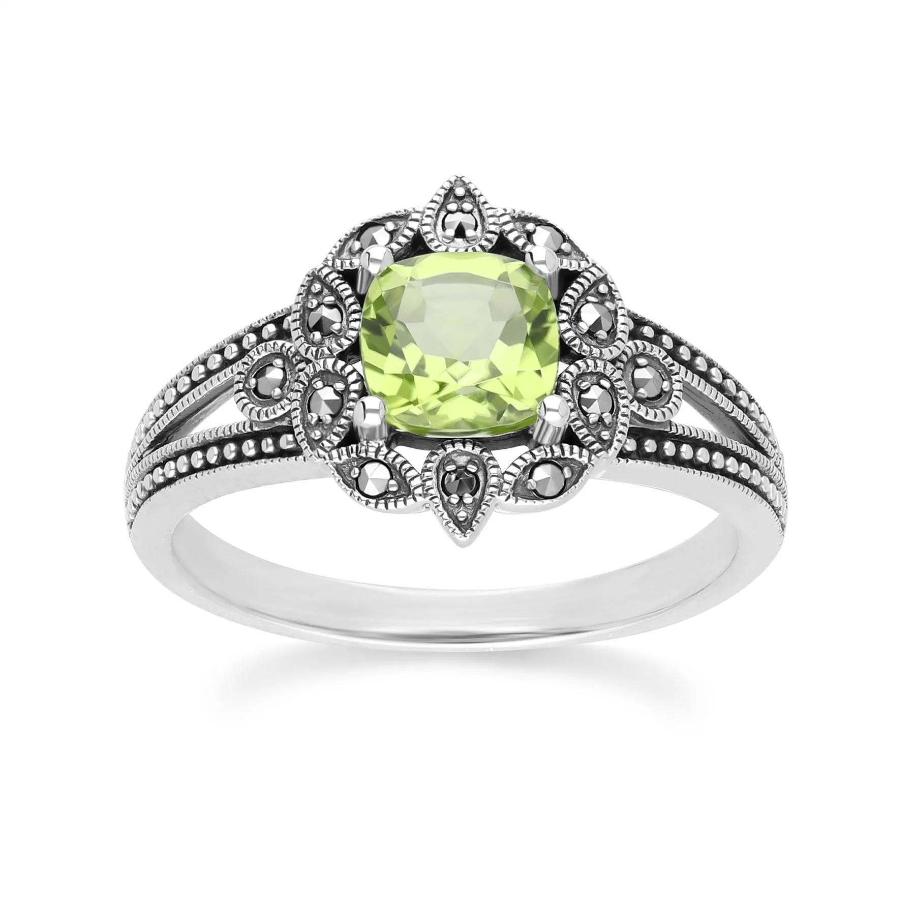 Art Deco Style Cushion Peridot & Marcasite Ring in Sterling Silver sold by Gemondo Jewellery