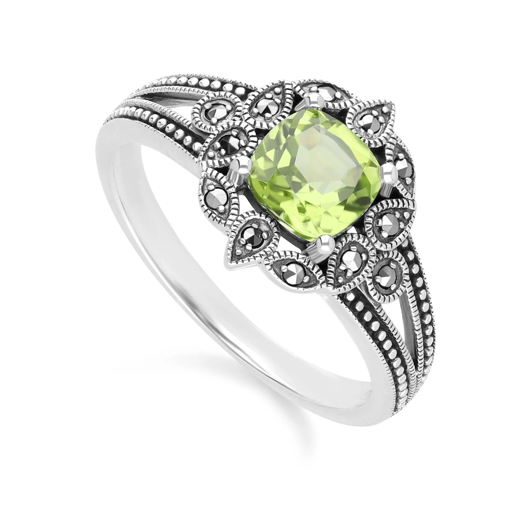 Art Deco Style Cushion Peridot & Marcasite Ring in Sterling Silver sold by Gemondo Jewellery product image thumbnail 3