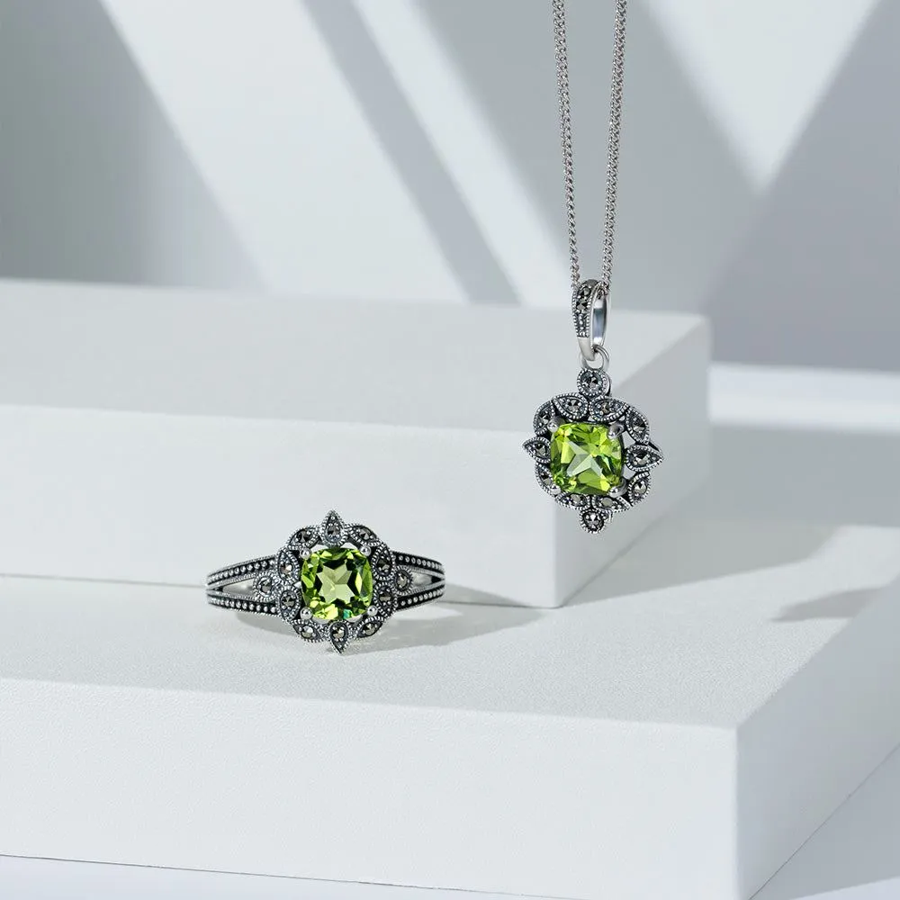 Art Deco Style Cushion Peridot & Marcasite Ring in Sterling Silver sold by Gemondo Jewellery product image thumbnail 5