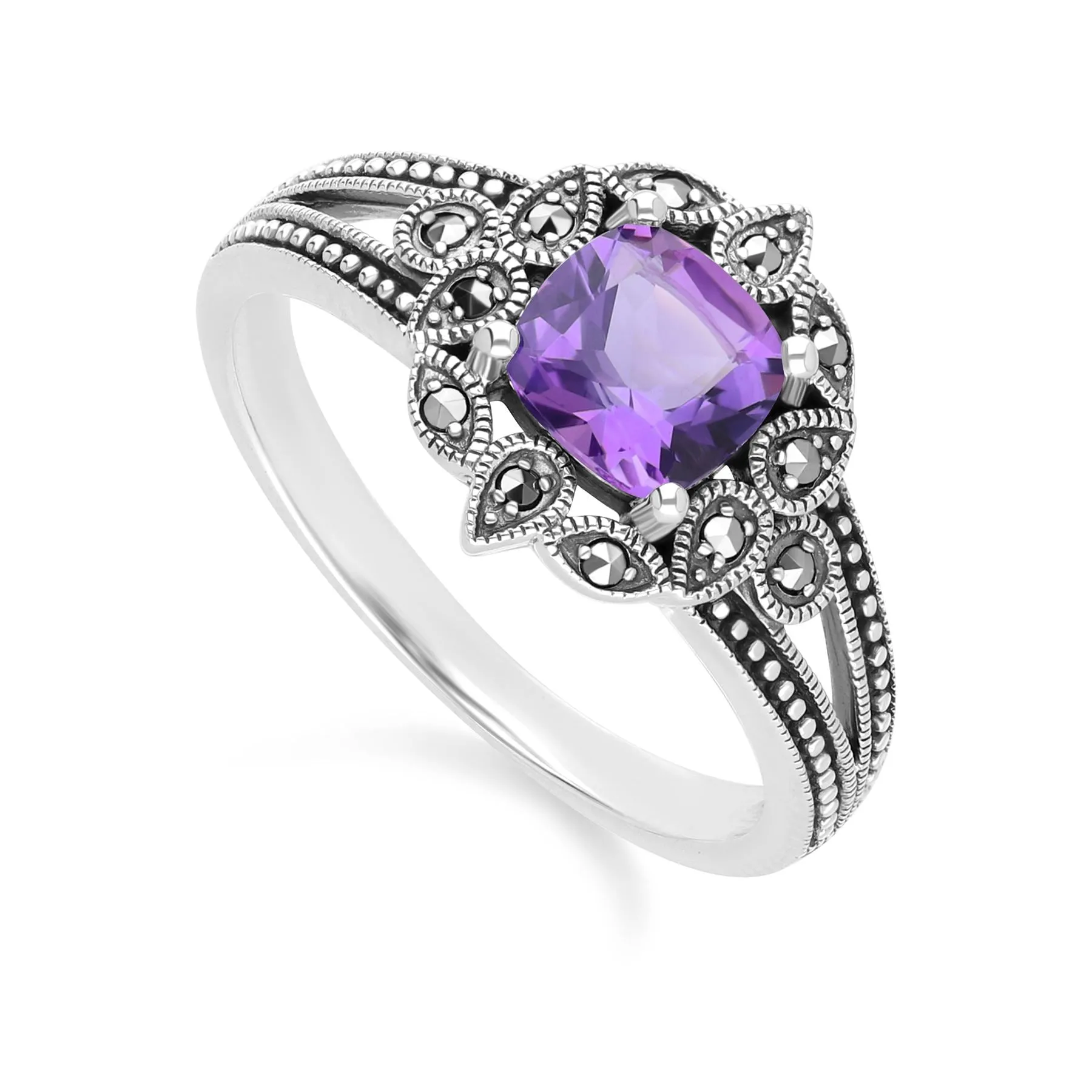 Art Deco Style Cushion Amethyst & Marcasite Ring in Sterling Silver sold by Gemondo Jewellery product image thumbnail 3