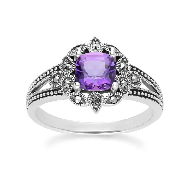 Art Deco Style Cushion Amethyst & Marcasite Ring in Sterling Silver sold by Gemondo Jewellery