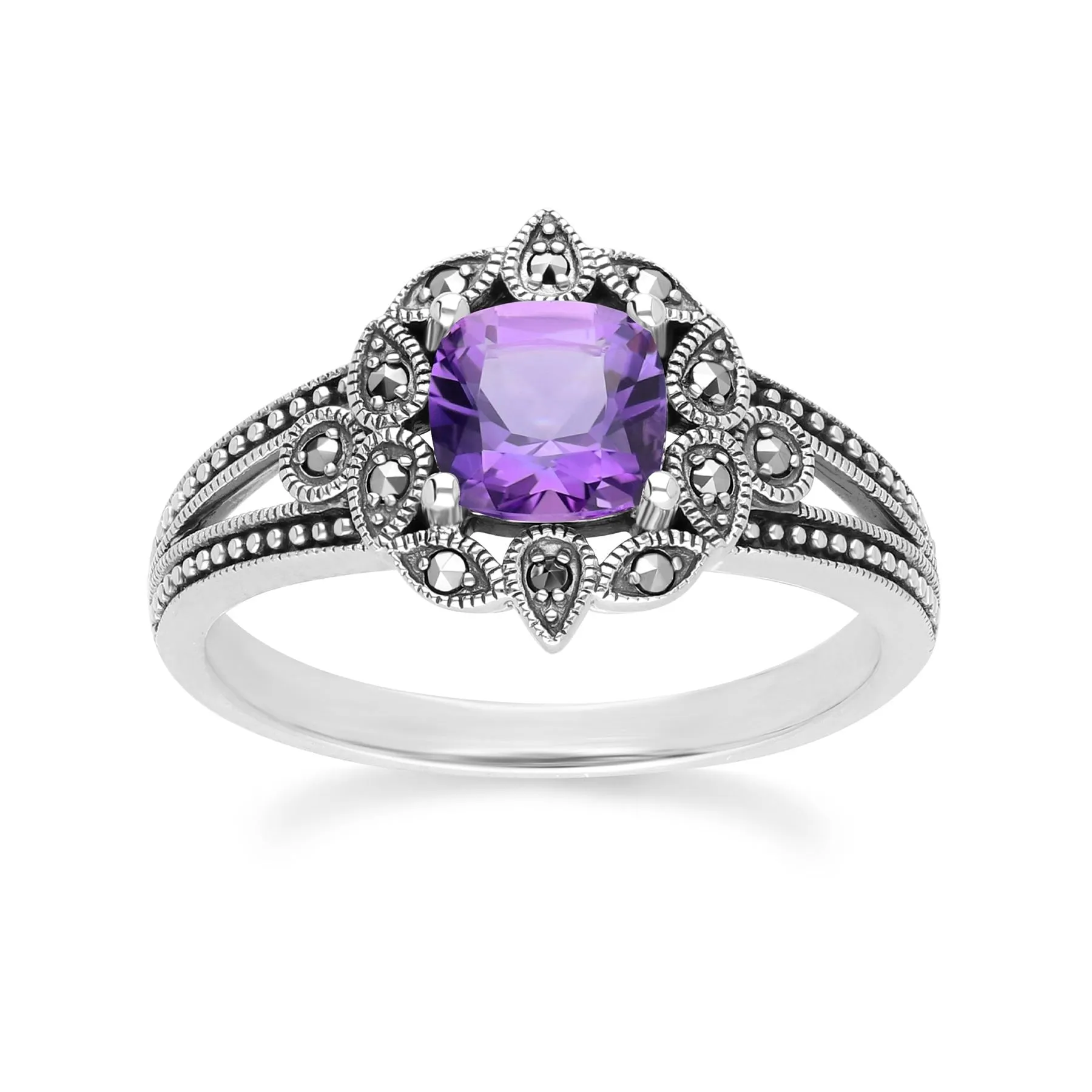 Art Deco Style Cushion Amethyst & Marcasite Ring in Sterling Silver sold by Gemondo Jewellery