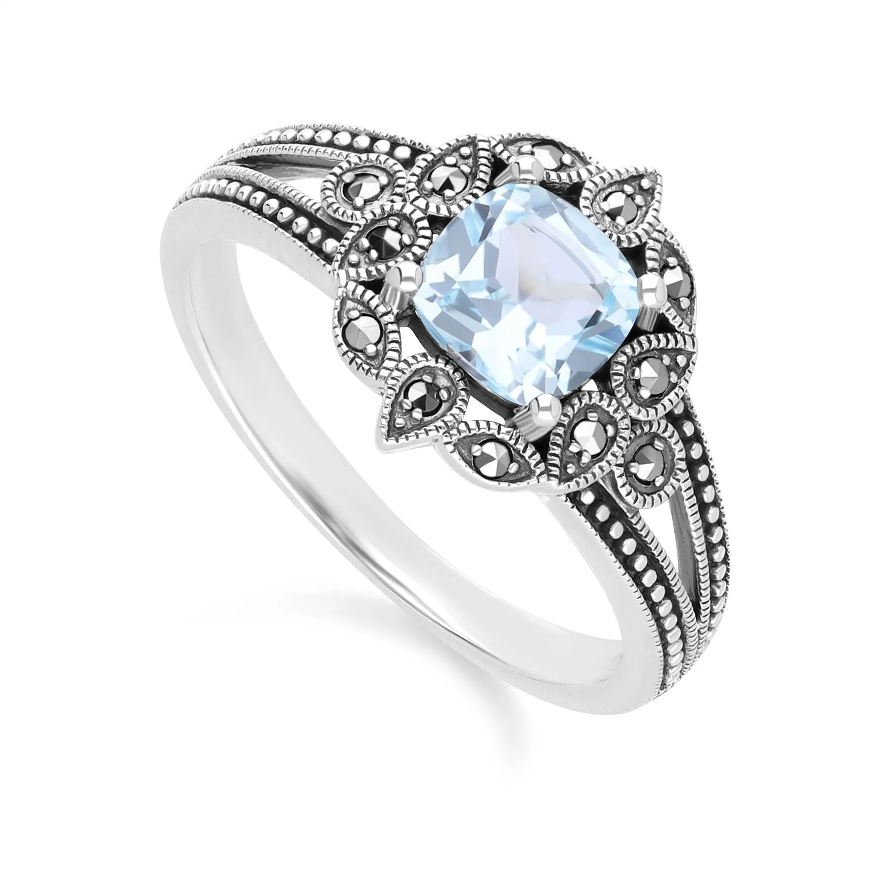 Art Deco Style Cushion Blue Topaz & Marcasite Ring in Sterling Silver sold by Gemondo Jewellery product image thumbnail 3