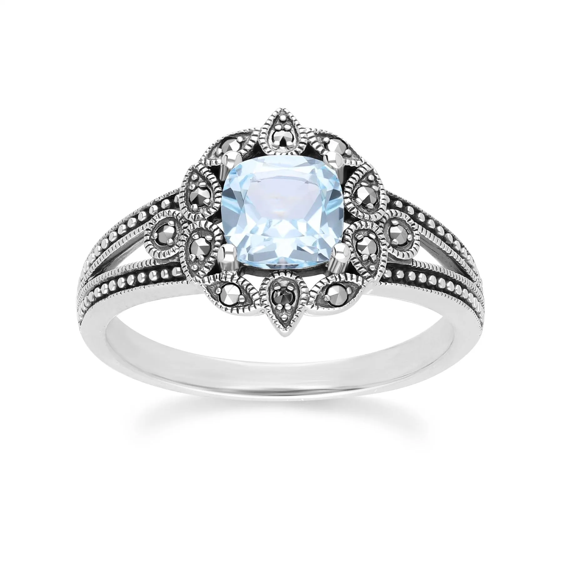 Art Deco Style Cushion Blue Topaz & Marcasite Ring in Sterling Silver sold by Gemondo Jewellery