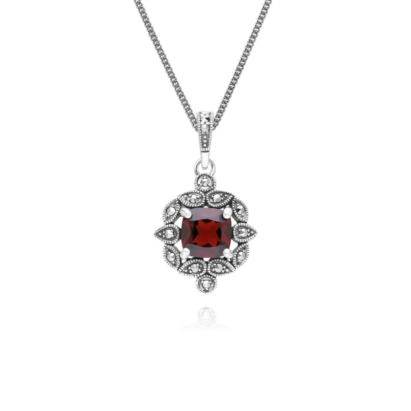 Art Deco Style Cushion Garnet & Marcasite Pendant Necklace in Sterling Silver sold by Gemondo Jewellery