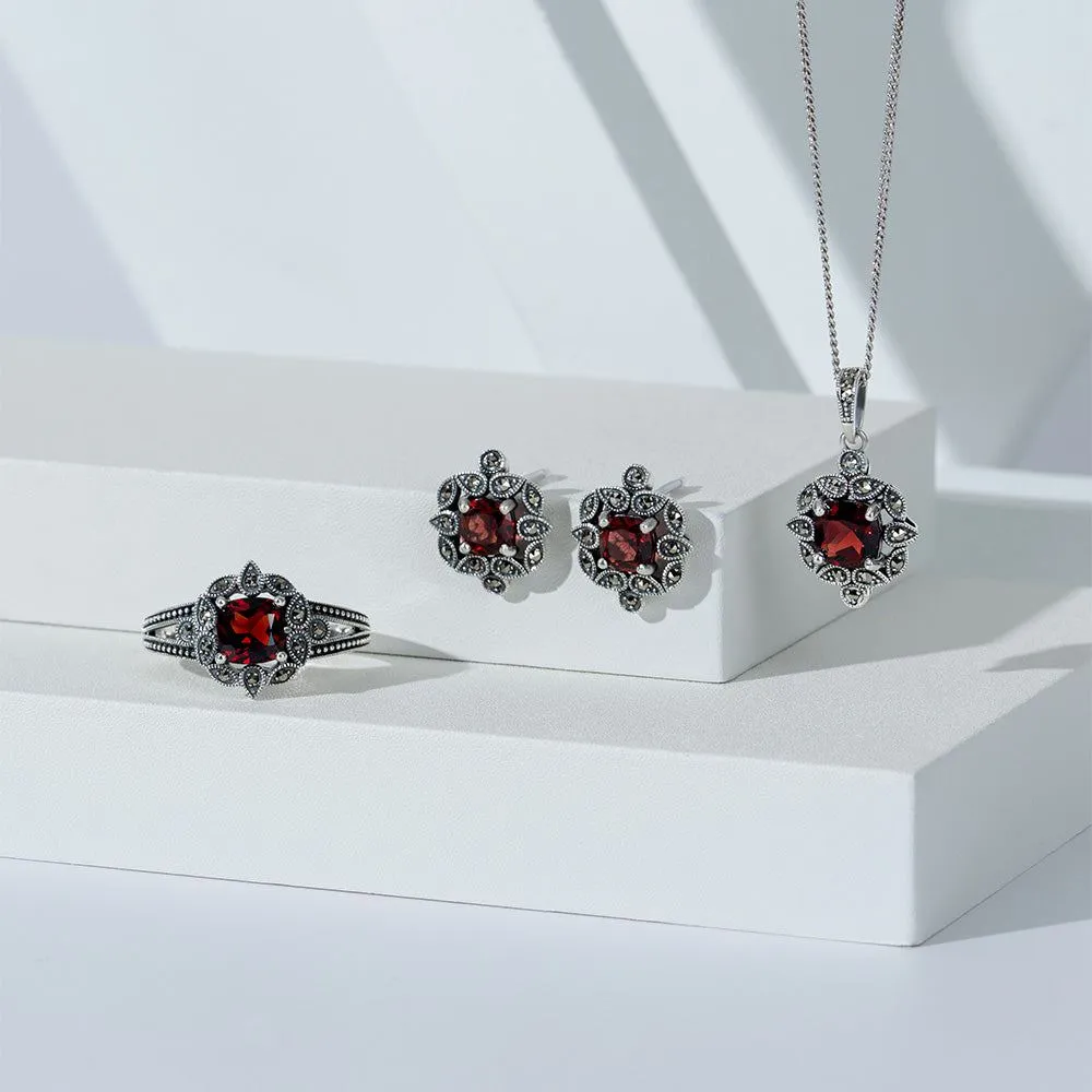 Art Deco Style Cushion Garnet & Marcasite Pendant Necklace in Sterling Silver sold by Gemondo Jewellery product image thumbnail 3