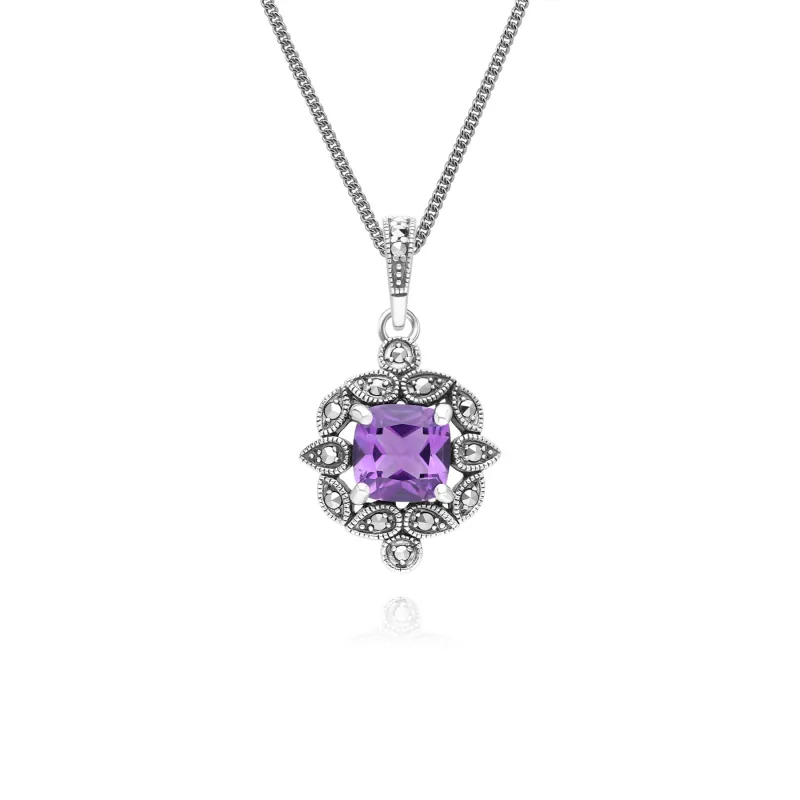 Art Deco Style Cushion Amethyst & Marcasite Pendant Necklace in Sterling Silver sold by Gemondo Jewellery