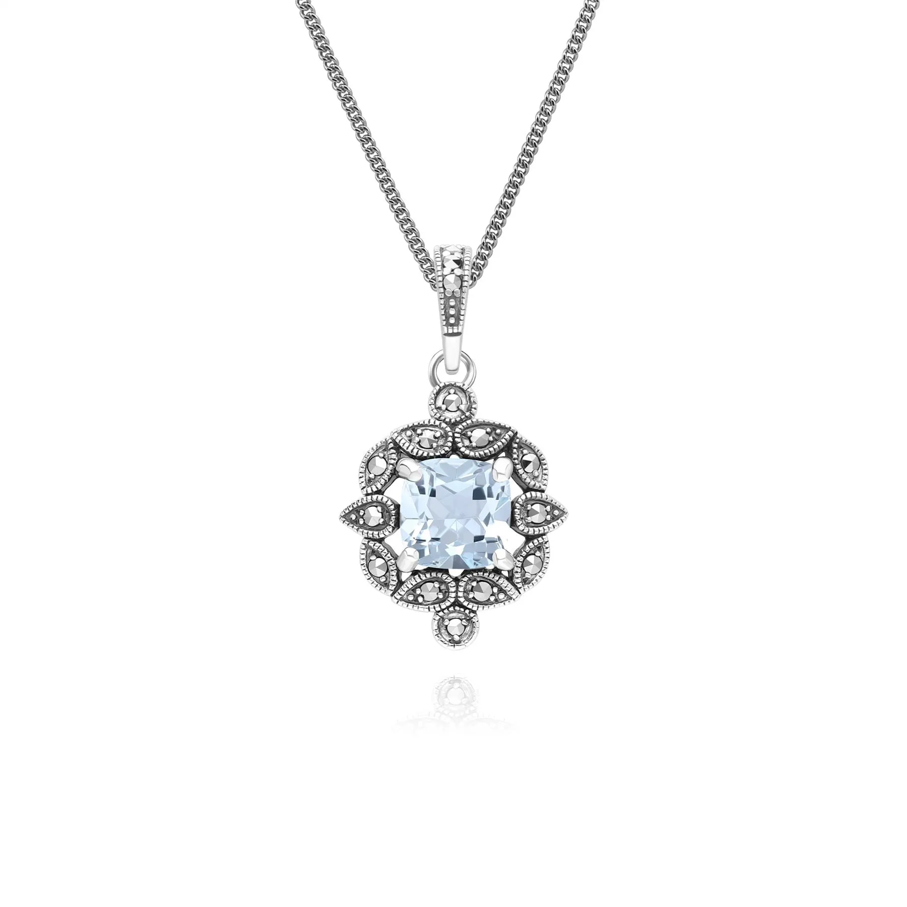 Art Deco Style Cushion Blue Topaz & Marcasite Pendant Necklace in Sterling Silver sold by Gemondo Jewellery
