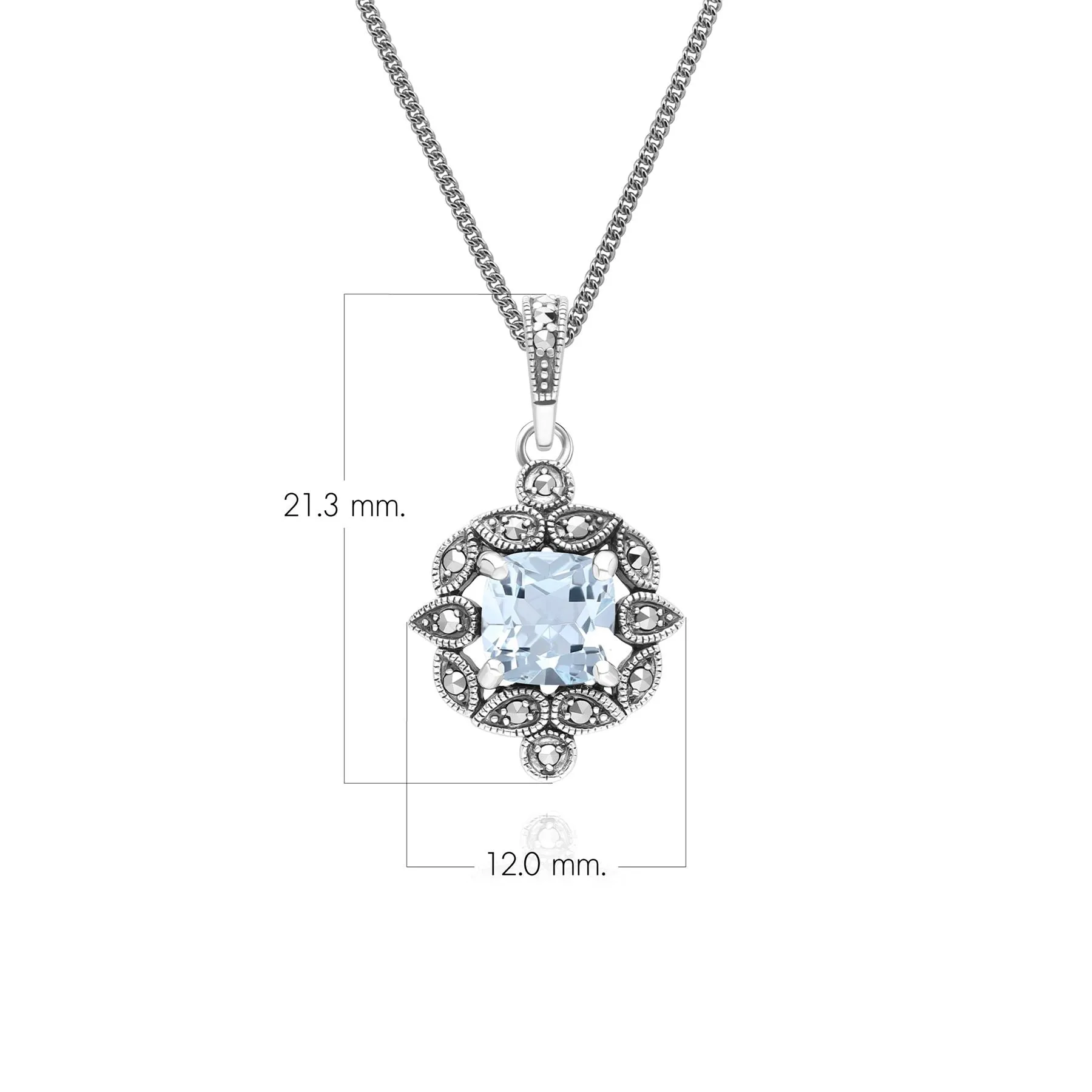 Art Deco Style Cushion Blue Topaz & Marcasite Pendant Necklace in Sterling Silver sold by Gemondo Jewellery product image thumbnail 3