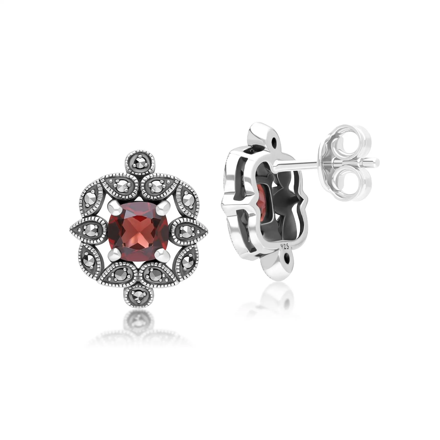 Art Deco Style Cushion Garnet & Marcasite Stud Earrings in Sterling Silver sold by Gemondo Jewellery product image thumbnail 3