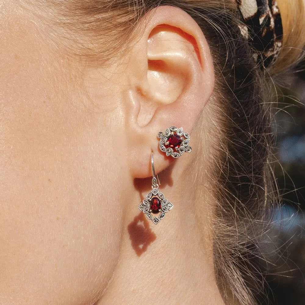 Art Deco Style Cushion Garnet & Marcasite Stud Earrings in Sterling Silver sold by Gemondo Jewellery product image thumbnail 2