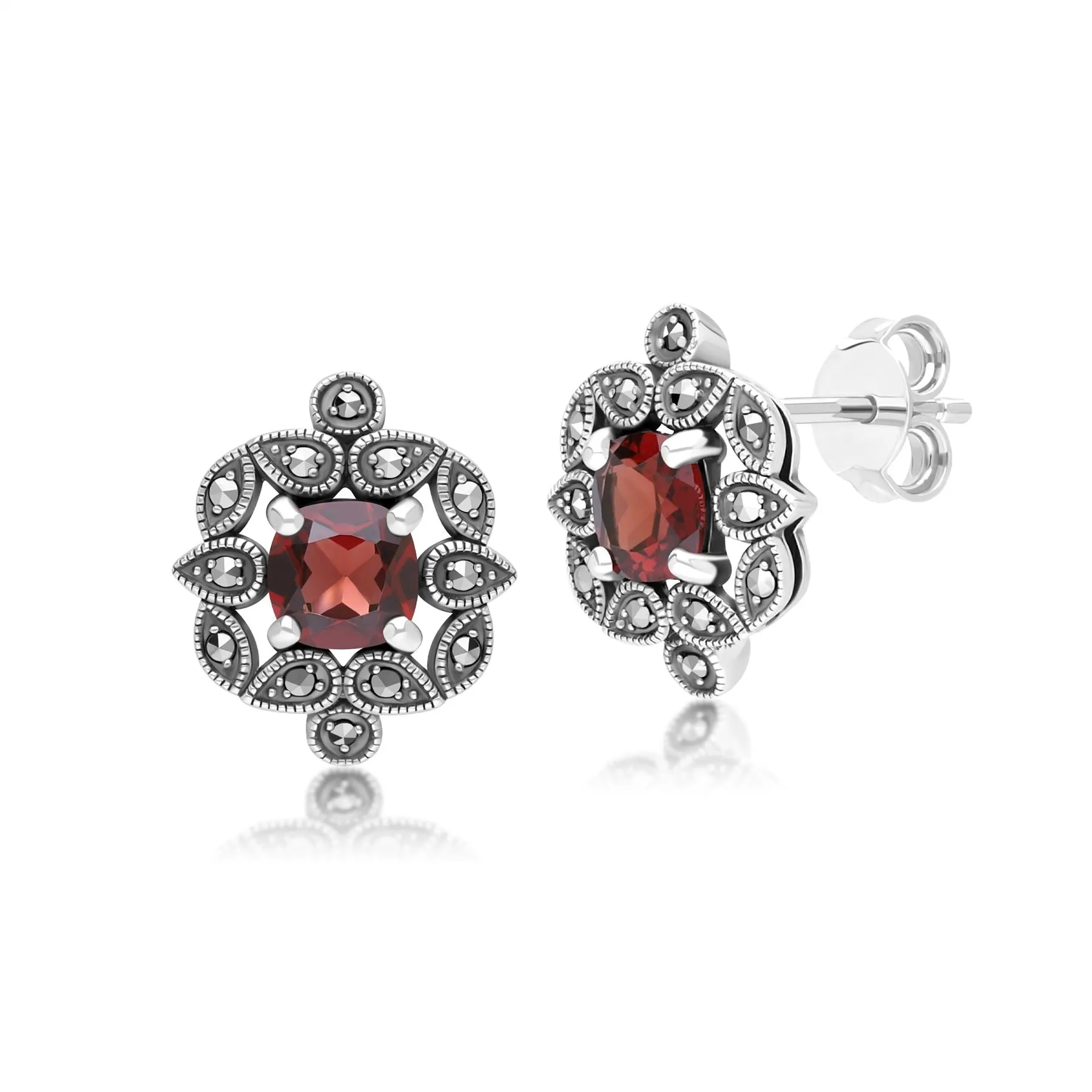 Art Deco Style Cushion Garnet & Marcasite Stud Earrings in Sterling Silver sold by Gemondo Jewellery