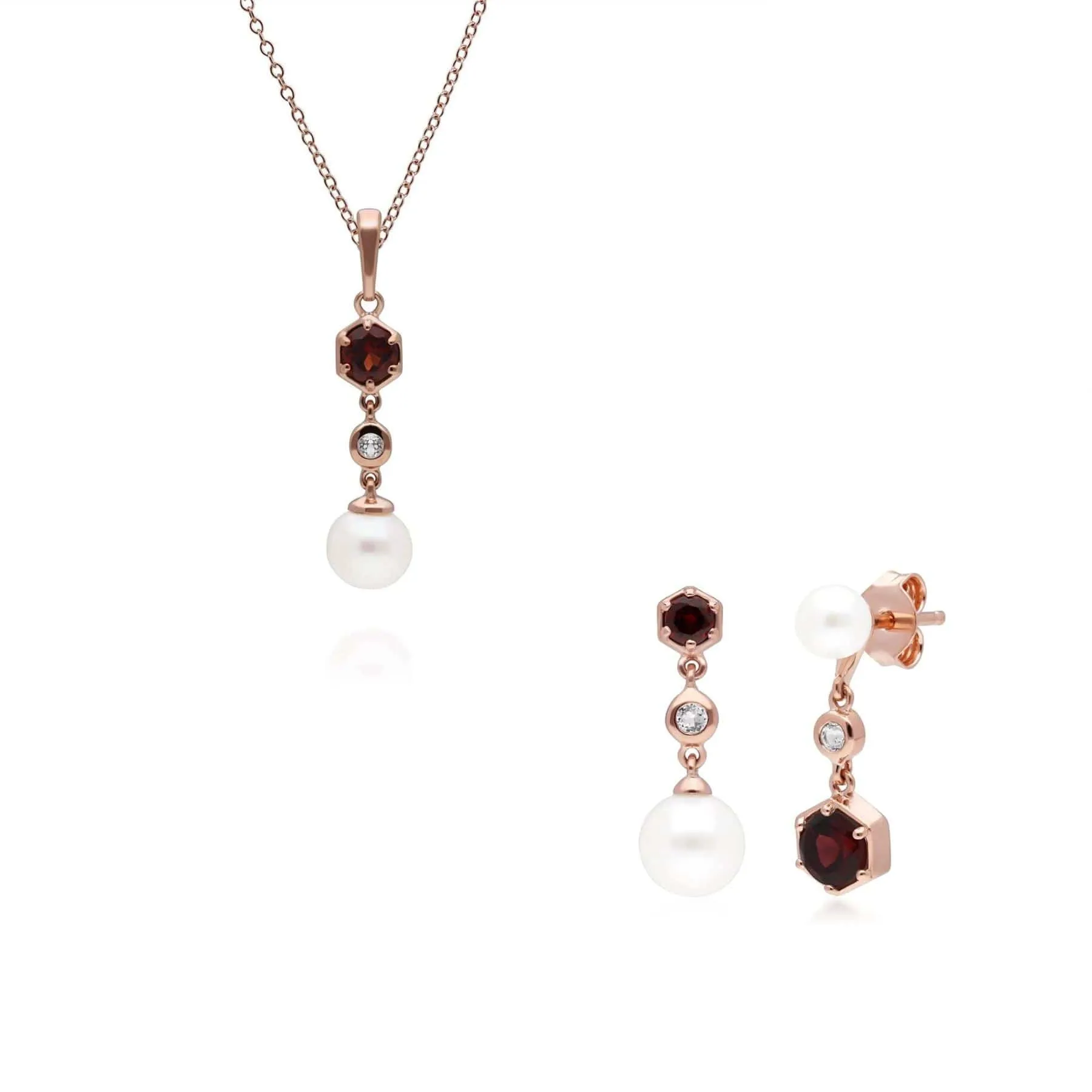 Modern Pearl, Garnet & Topaz Pendant & Earring Set in Rose Gold Plated Silver sold by Gemondo Jewellery
