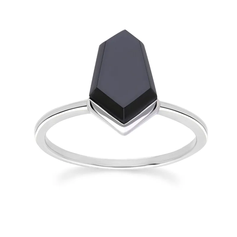 Grand Deco Hexagon Necktie Black Onyx Ring in Sterling Silver sold by Gemondo Jewellery