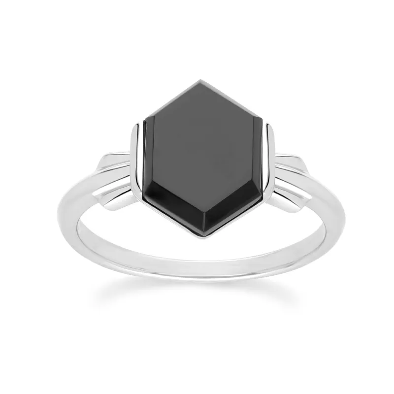 Grand Deco Hexagon Black Onyx Ring in Sterling Silver sold by Gemondo Jewellery