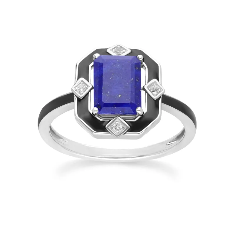 Grand Deco Black Enamel, Lapis Lazuli & Topaz Ring in Sterling Silver sold by Gemondo Jewellery