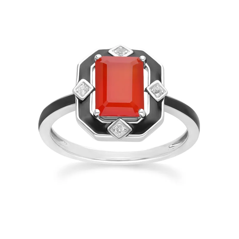 Grand Deco Black Enamel, Carnelian & Topaz Ring in Sterling Silver sold by Gemondo Jewellery