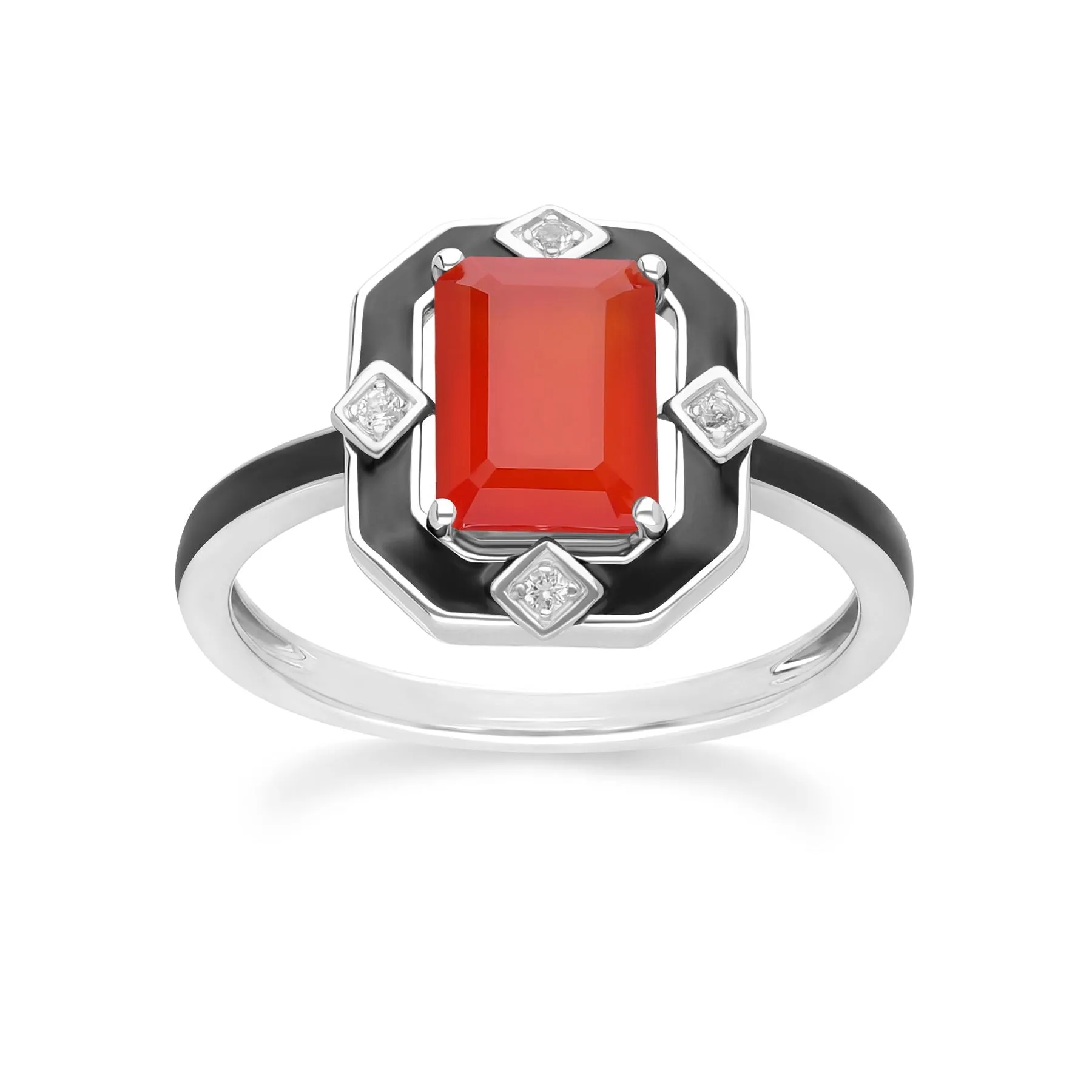 Grand Deco Black Enamel, Carnelian & Topaz Ring in Sterling Silver sold by Gemondo Jewellery