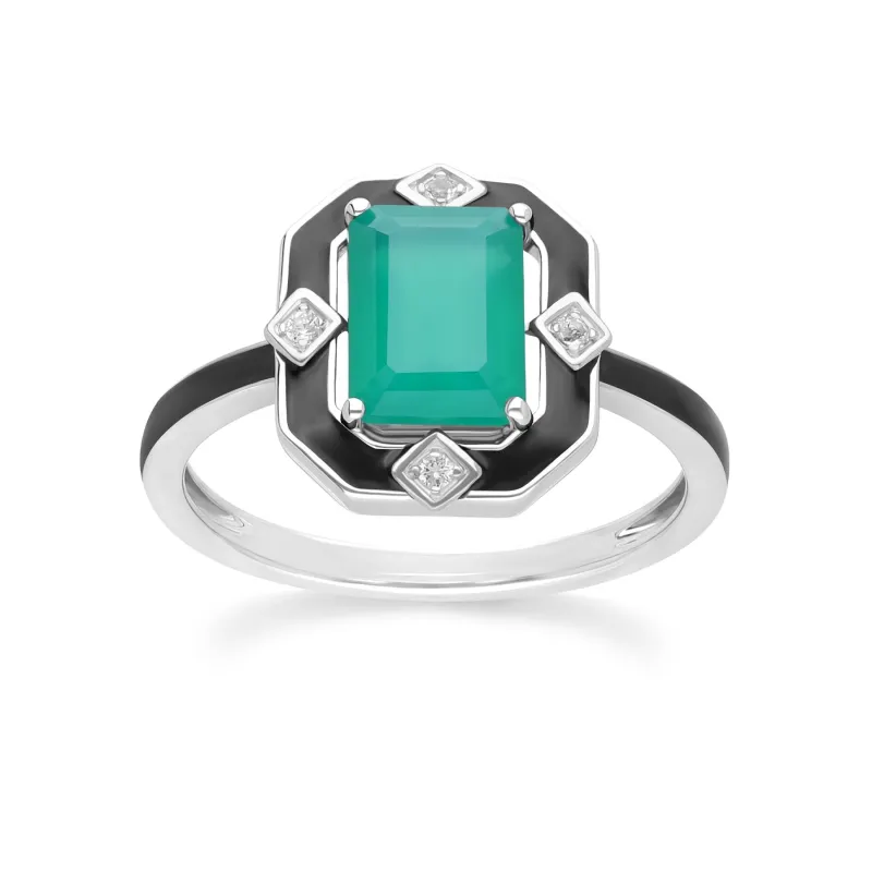 Grand Deco Black Enamel, Green Chalcedony & Topaz Ring in Sterling Silver sold by Gemondo Jewellery