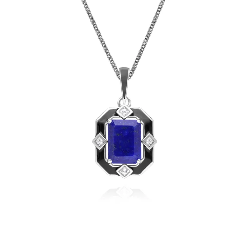 Grand Deco Black Enamel, Lapis Lazuli & Topaz Pendant Necklace in Sterling Silver sold by Gemondo Jewellery