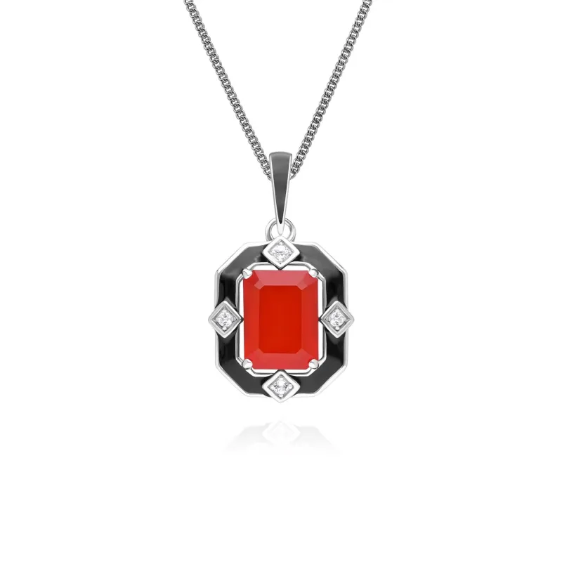 Grand Deco Black Enamel, Carnelian & Topaz Pendant Necklace in Sterling Silver sold by Gemondo Jewellery