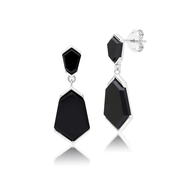 Grand Deco Hexagon Black Onyx Drop Earrings in Sterling Silver sold by Gemondo Jewellery