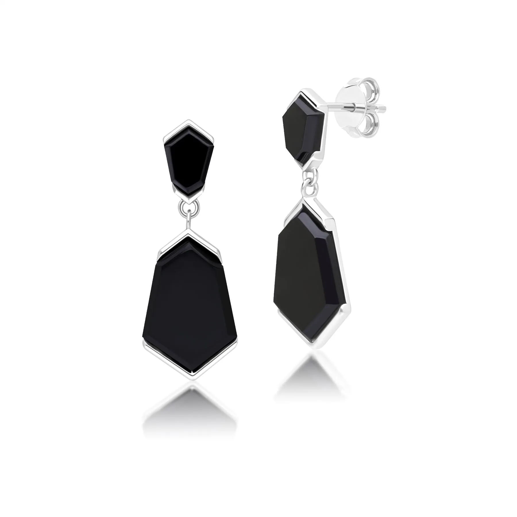 Grand Deco Hexagon Black Onyx Drop Earrings in Sterling Silver sold by Gemondo Jewellery