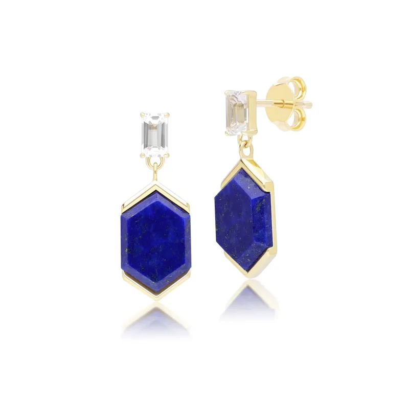 Grand Deco Hexagon Lapis Lazuli & Topaz Drop Earrings in Gold Vermeil sold by Gemondo Jewellery