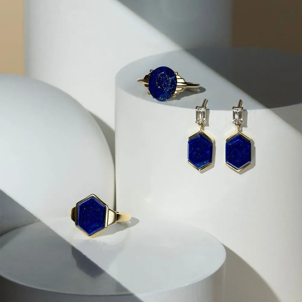 Grand Deco Hexagon Lapis Lazuli & Topaz Drop Earrings in Gold Vermeil sold by Gemondo Jewellery product image thumbnail 5