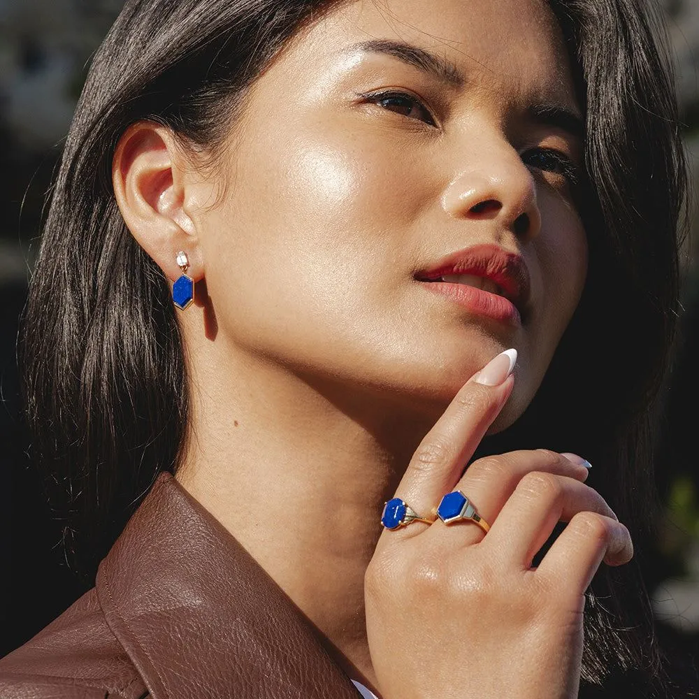 Grand Deco Hexagon Lapis Lazuli & Topaz Drop Earrings in Gold Vermeil sold by Gemondo Jewellery product image thumbnail 2