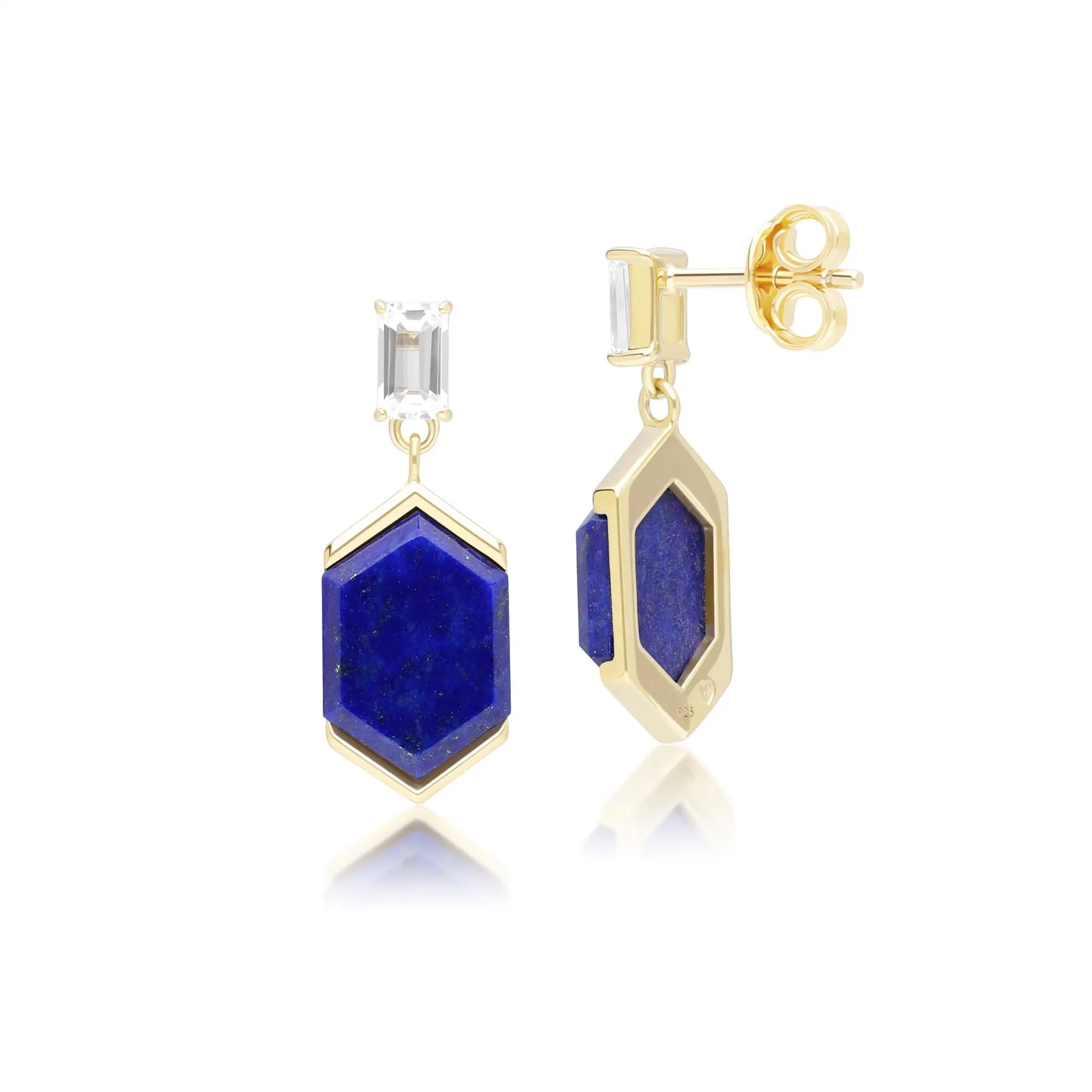 Grand Deco Hexagon Lapis Lazuli & Topaz Drop Earrings in Gold Vermeil sold by Gemondo Jewellery product image thumbnail 3