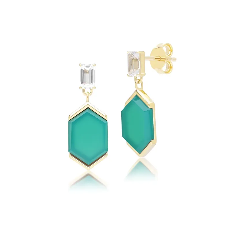 Grand Deco Hexagon Chalcedony & Topaz Drop Earrings in Gold Vermeil sold by Gemondo Jewellery