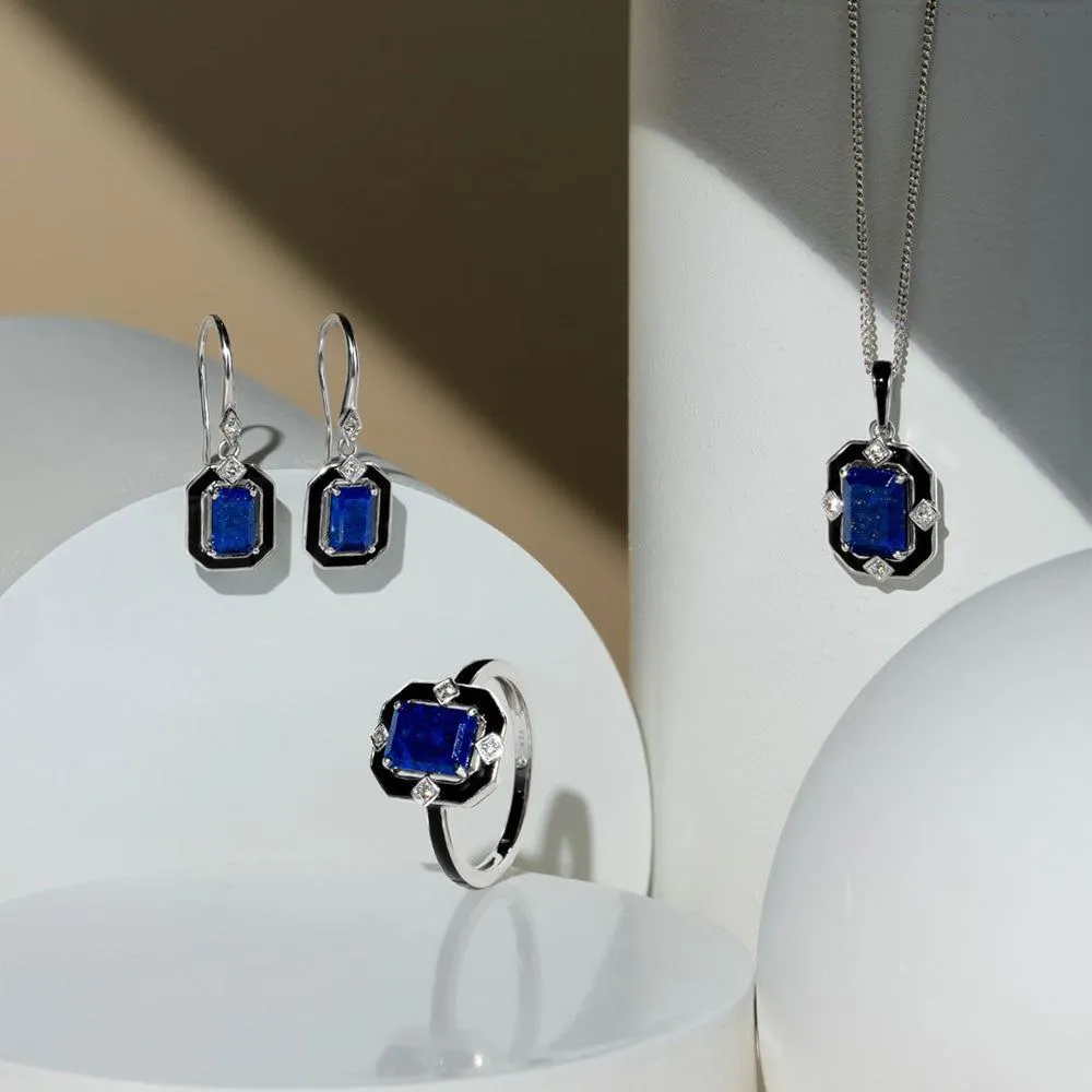 Grand Deco Black Enamel, Lapis Lazuli & Topaz Drop Earrings in Sterling Silver sold by Gemondo Jewellery product image thumbnail 5