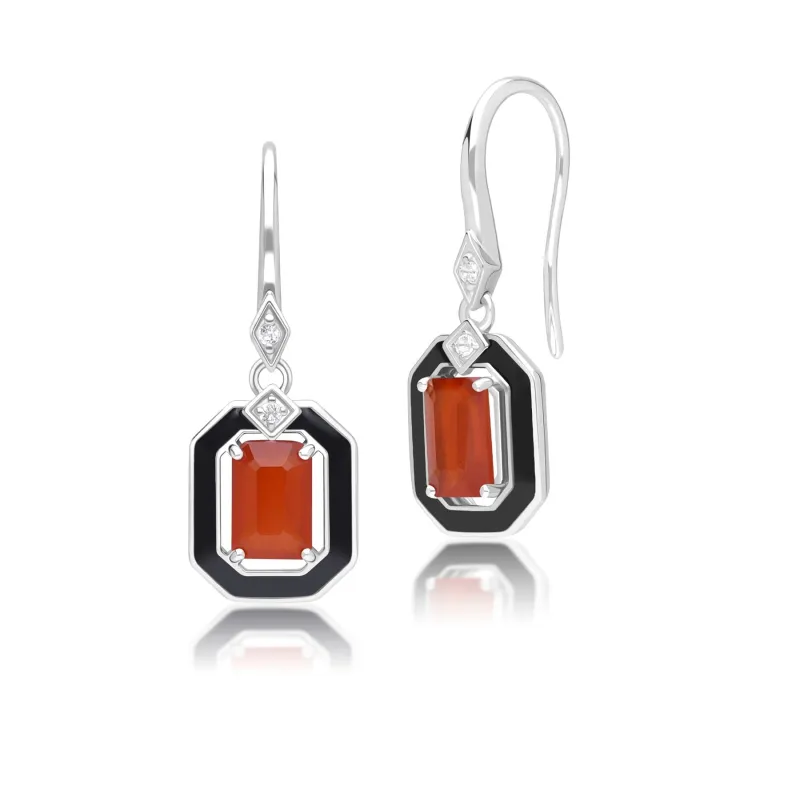 Grand Deco Black Enamel, Carnelian & Topaz Drop Earrings in Sterling Silver sold by Gemondo Jewellery