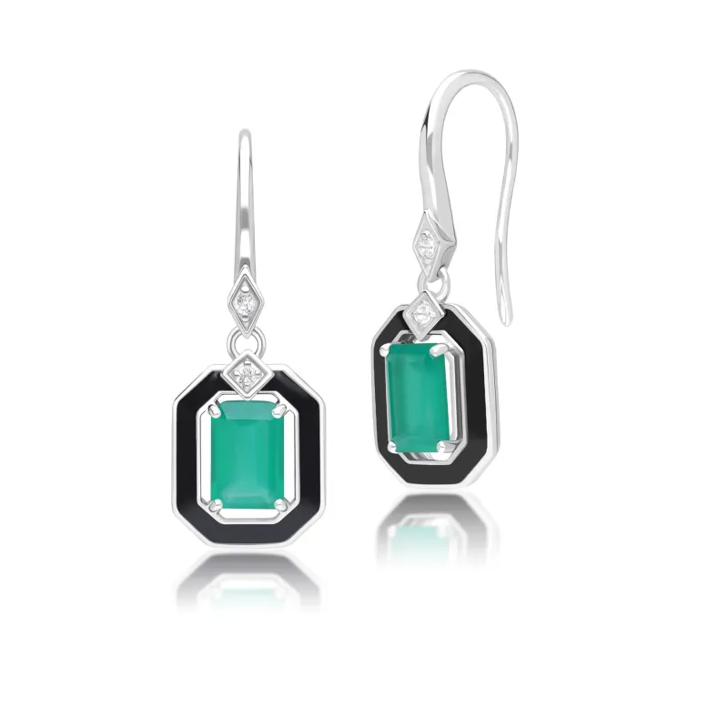 Grand Deco Black Enamel, Green Chalcedony & Topaz Drop Earrings in Sterling Silver sold by Gemondo Jewellery