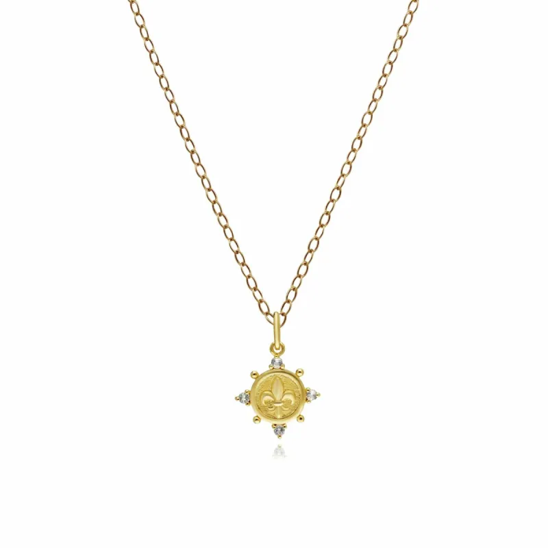 ECFEW™ White Topaz Fleur De Lis Coin Pendant Necklace In 9ct Yellow Gold sold by Gemondo Jewellery