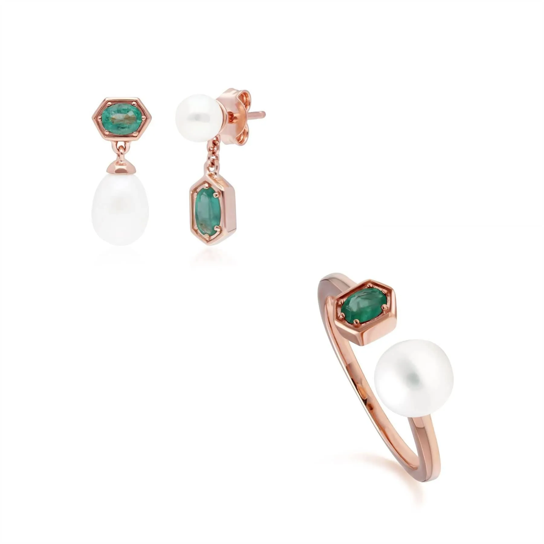 Modern Pearl & Emerald Earring & Ring Set in Rose Gold Plated Silver sold by Gemondo Jewellery